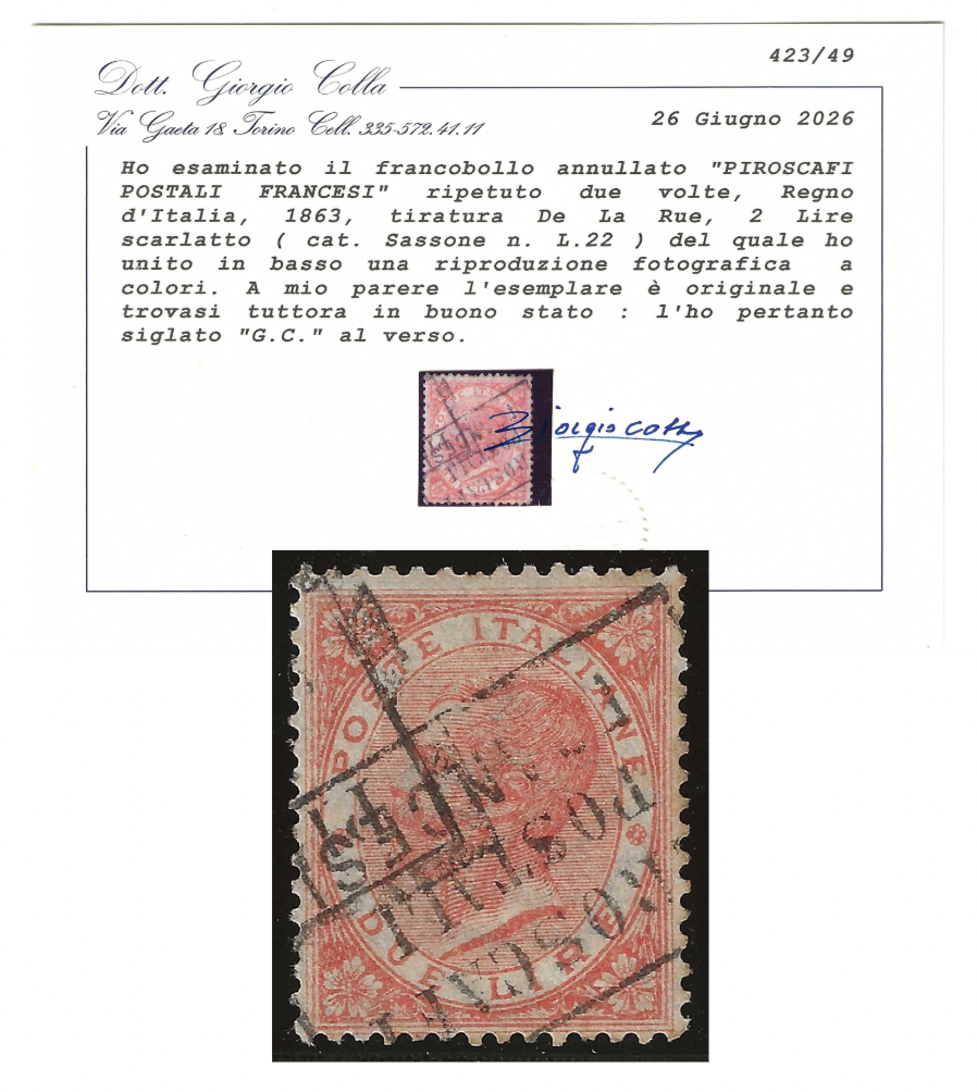 1863 Regno d'Italia - Francobollo 2 lire De La Rue Londra annullo PIROSCAFI POSTALI FRANCESI