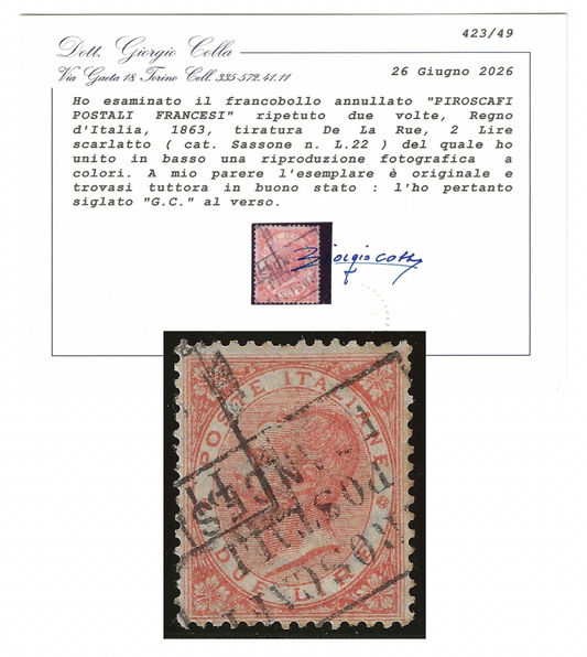 1863 Regno d'Italia - Francobollo 2 lire De La Rue Londra annullo PIROSCAFI POSTALI FRANCESI