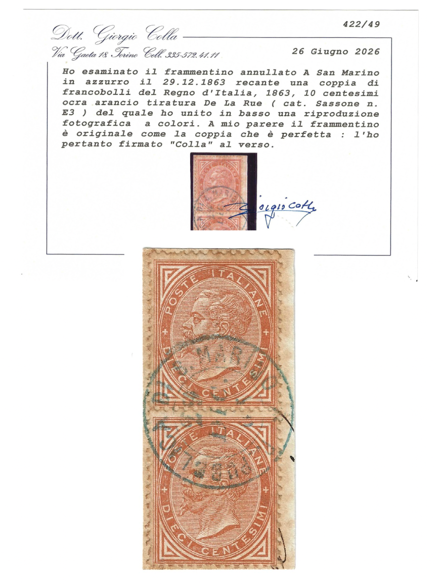 1863 Regno d'Italia - Coppia francobolli 10 c. De La Rue Londra e raro annullo San Marino dicembre