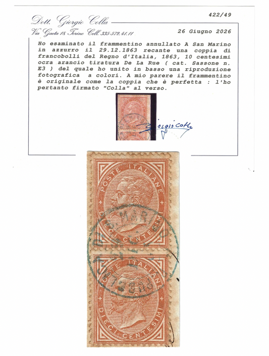 1863 Regno d'Italia - Coppia francobolli 10 c. De La Rue Londra e raro annullo San Marino dicembre