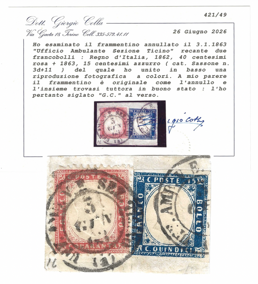 1863 Regno d'Italia frammento misto 15 c. Sardegna e 40 cent. dentellato 1862