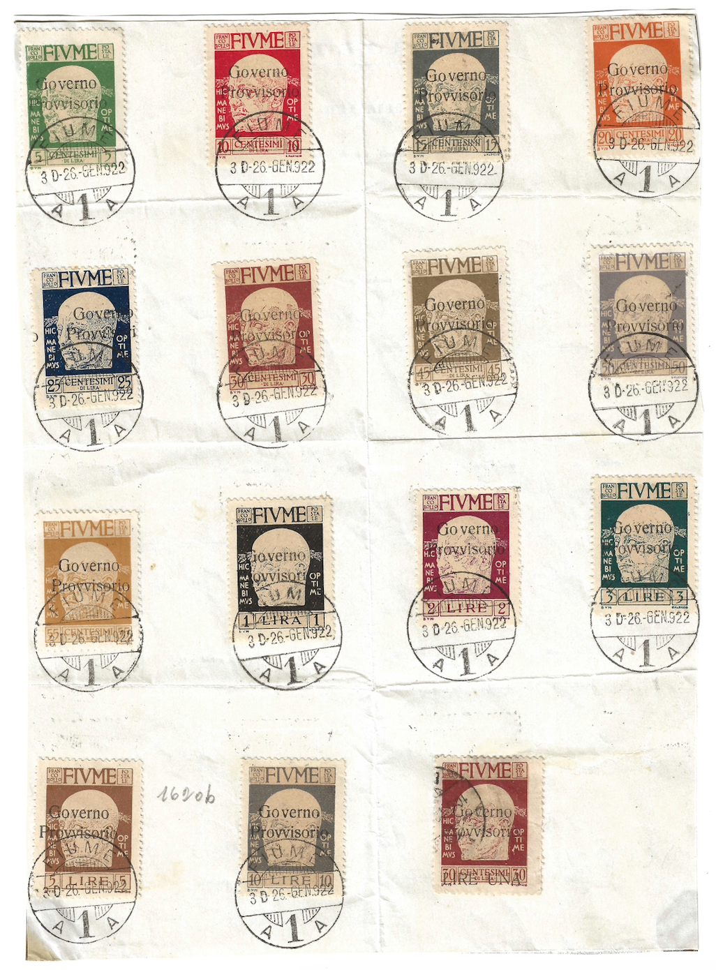 1921 Fiume - Serie ordinaria completa francobolli D'Annunzio con trattino su foglio