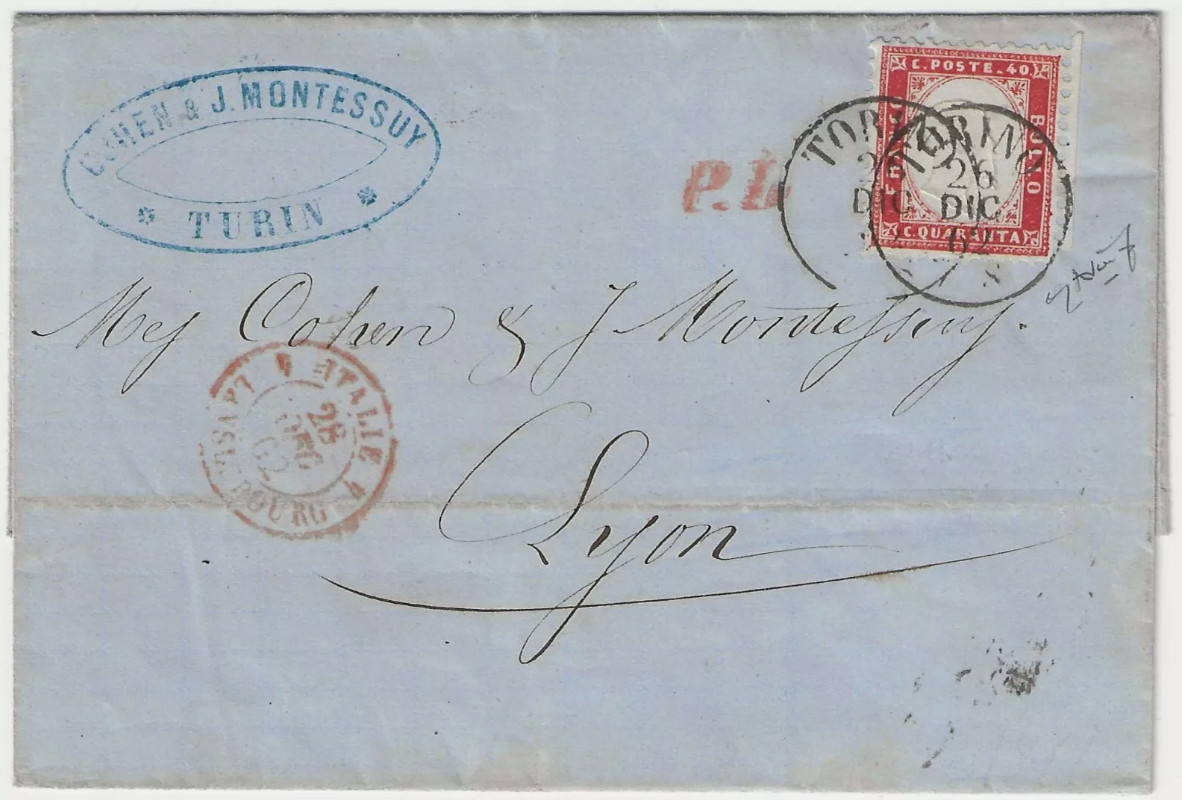 1862 Regno d'Italia - 40 c. rosso carminio bordo foglio su lettera per Lione