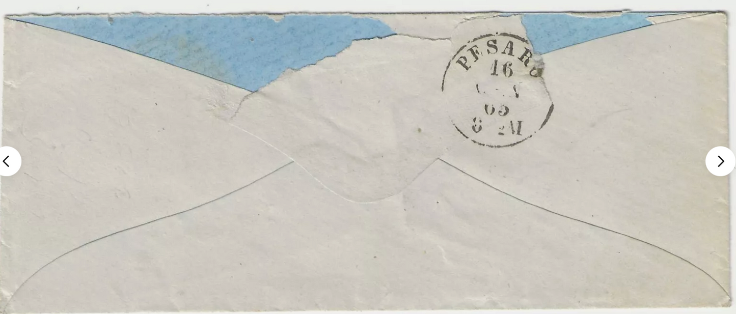 1863 Regno d'Italia 15 c. azzurro non dentellato su busta annullo di Senigallia