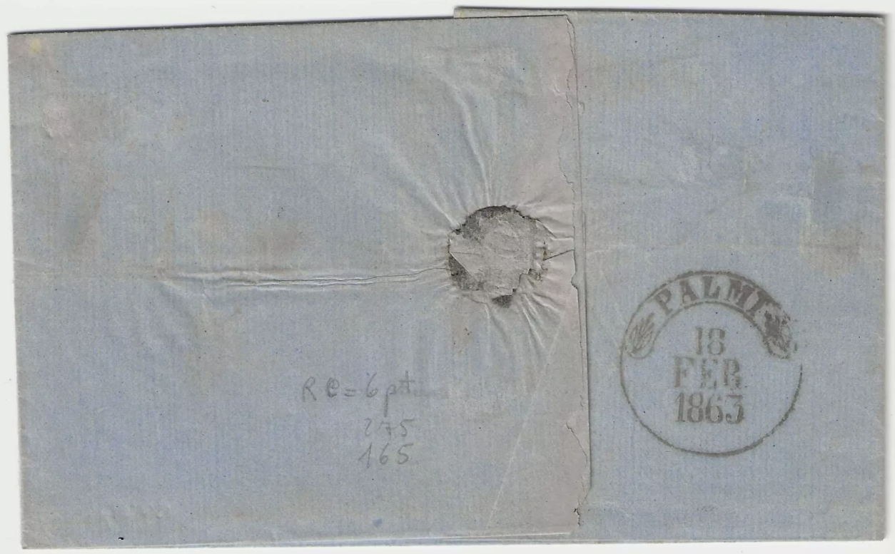 1863 Regno - 15 c. azzurro non dentellato su piego con annullo di Scilla