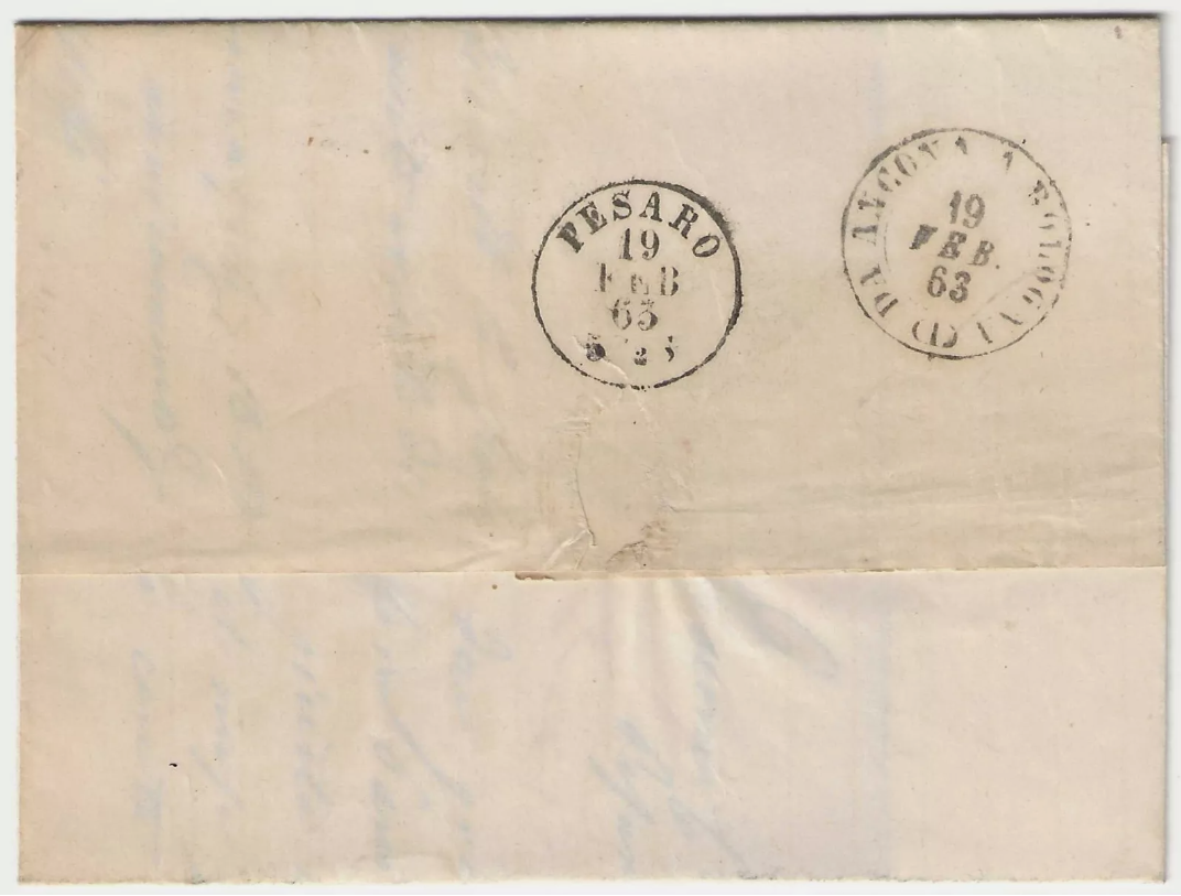 1863 Regno d'Italia - 15 c. non dentellato su lettera con annullo di Senigallia