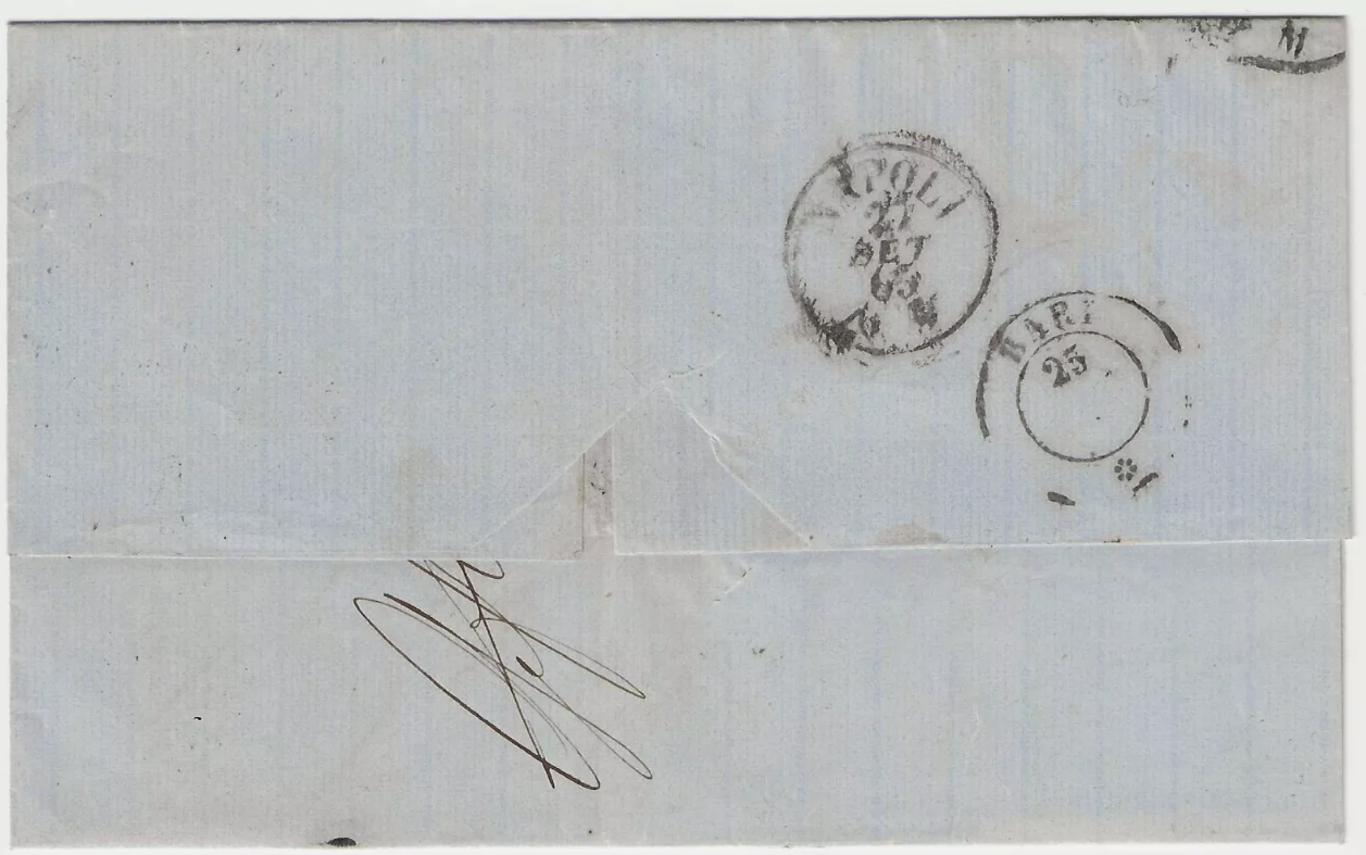 1863 Regno d'Italia - Striscia 5 cent. De La Rue su piego con annullo Monopoli