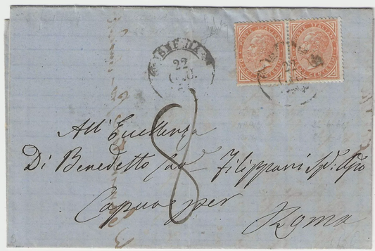 1863 Regno d'Italia - Coppia 10 c. De La Rue Londra su piego con annullo Isernia