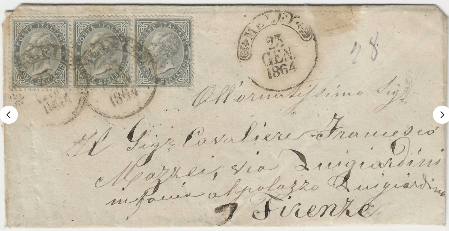 1863 Regno d'Italia - Striscia 5 c. De La Rue Londra su piego con annullo Melfi