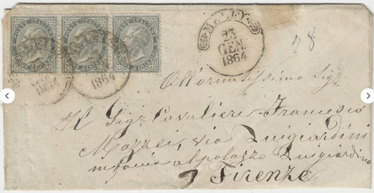 1863 Regno d'Italia - Striscia 5 c. De La Rue Londra su piego con annullo Melfi