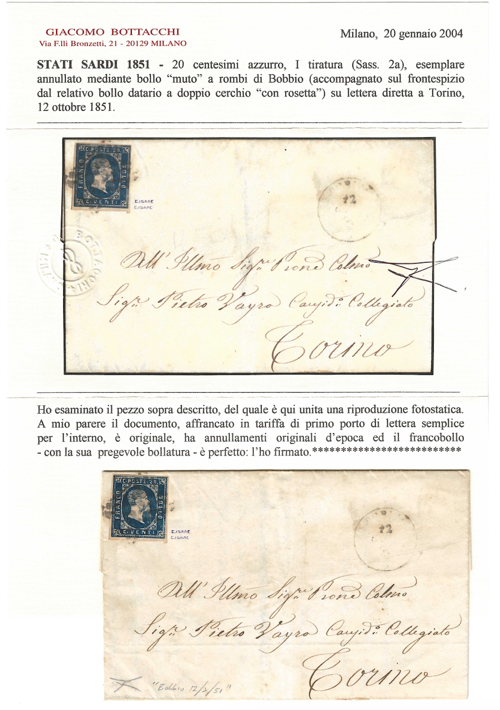 1851 Regno di Sardegna - Piego da BOBBIO a Torino con splendido francobollo da 20 c. I emissione