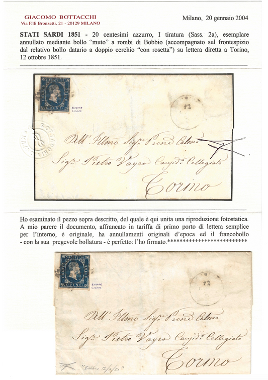 1851 Regno di Sardegna - Piego da BOBBIO a Torino con splendido francobollo da 20 c. I emissione