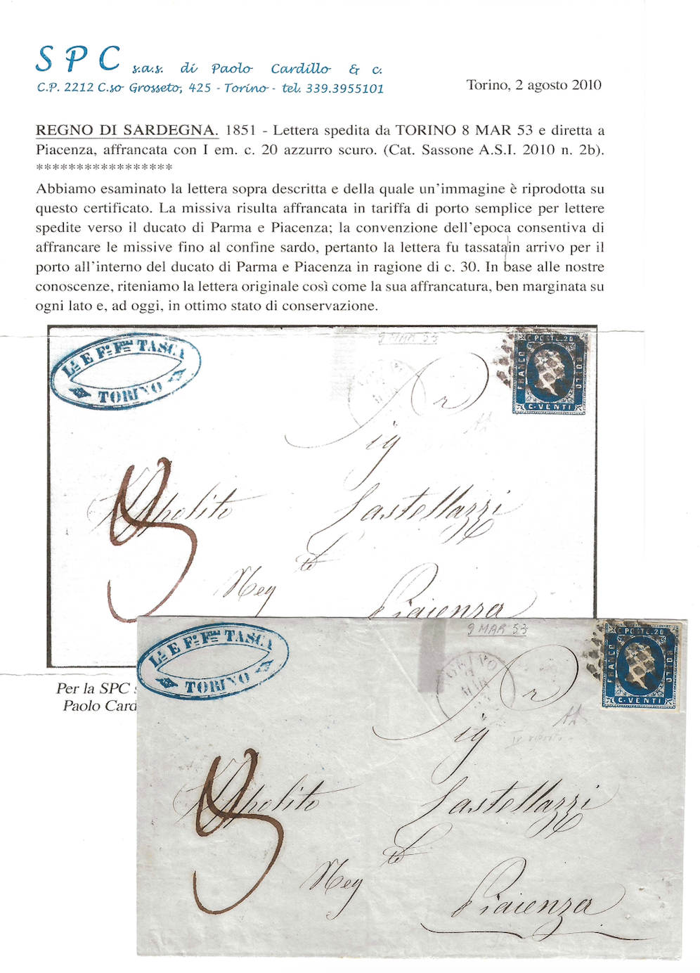 1851 Regno di Sardegna - Piego da Torino a Piacenza con francobollo da 20 c. azzurro tassata 30 c.