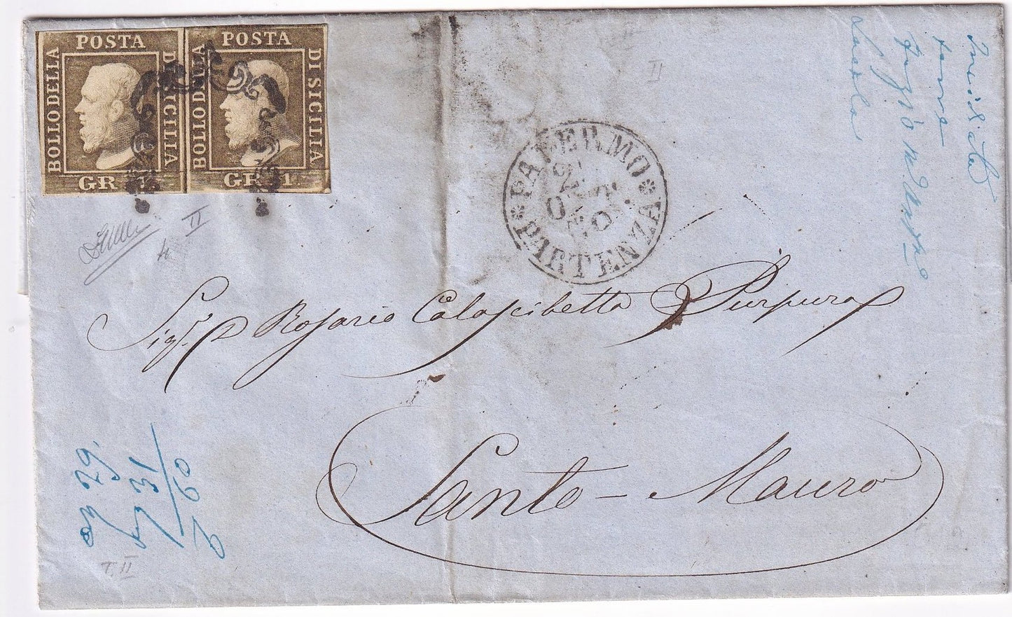 1859 Sicilia - Coppia francobolli da 1 grana su lettera da Palermo a Santo Mauro certificata Zappalà