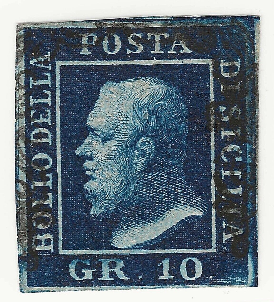 1859 Antichi Stati (Sicilia) - 10 grana azzurro cupo annullato firmato A. Diena