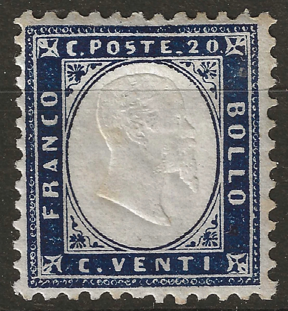 1862 Regno d'Italia - Francobollo da 20 cent. prima emissione dentellato tipo Sardegna MH*