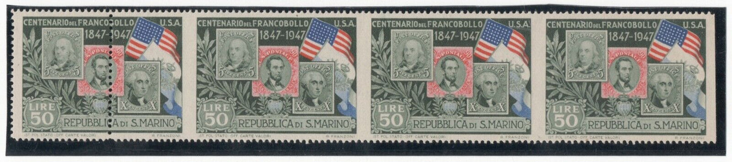 1947 Saint-Marin - 100ème premier timbre USA, bande de 50 L., nouvelle variété sans charnière