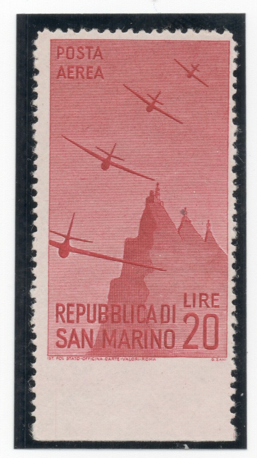 1948 Saint Marin - Poste aérienne 20 L. Variété non ajourée en bas signé Raybaudi