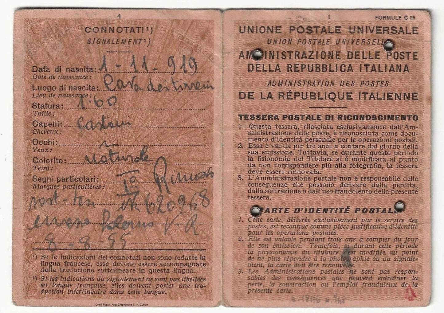 Tessera Postale di Riconoscimento 1958 con 200 L. Italia Turrita 1957