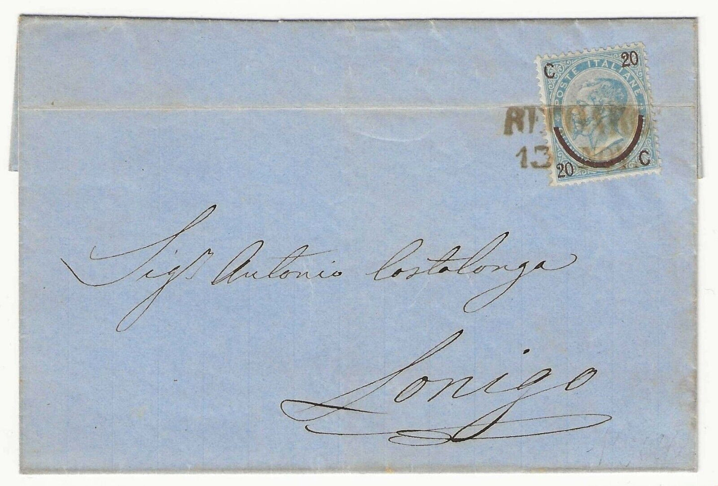 1863 Regno - Lettera con annullo Recoaro stampatello dritto in rosso G. Avanzo