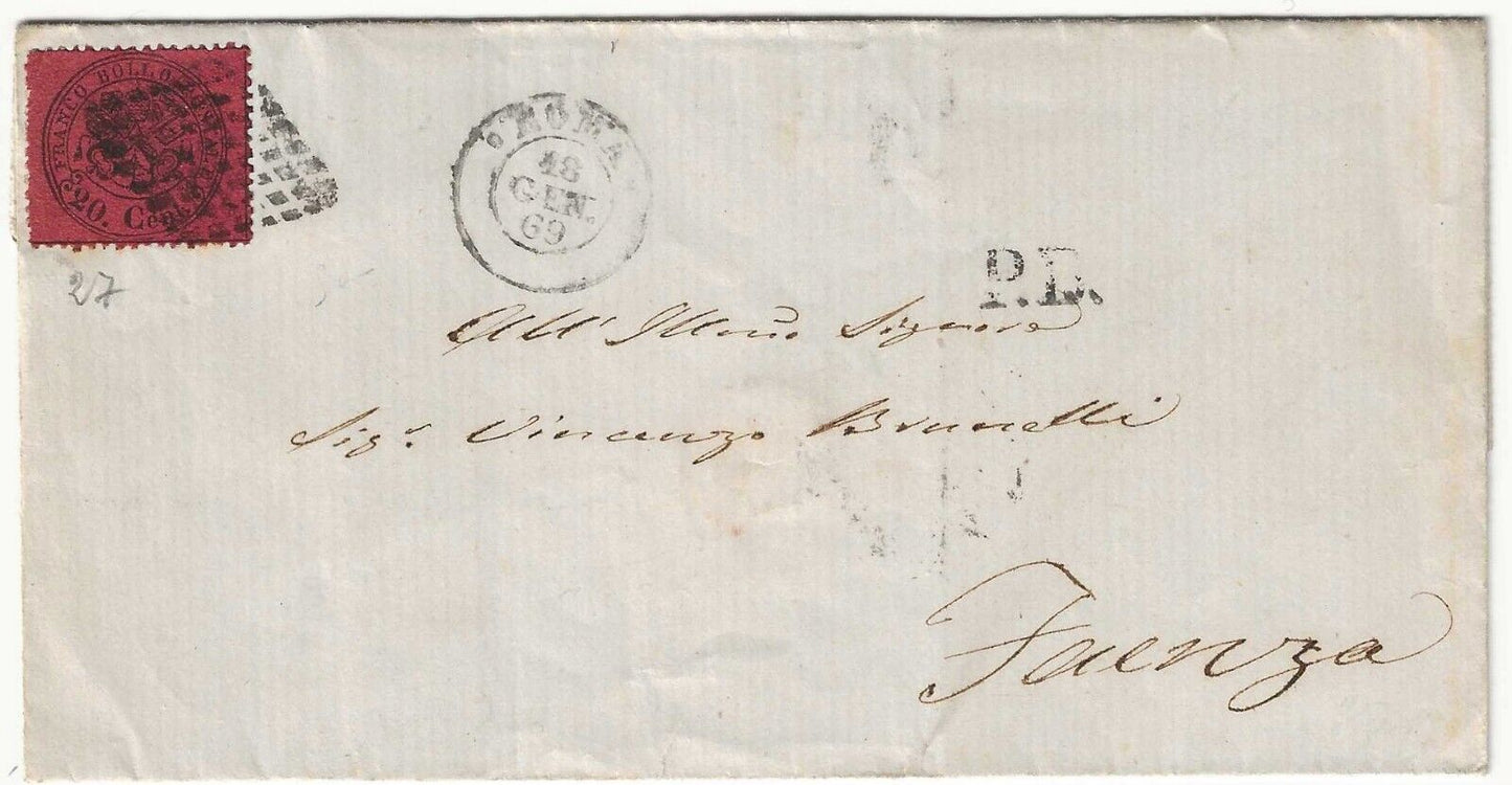 1868 Antichi Stati (Pontificio) - 20 c. rosso III em. su lettera per Faenza