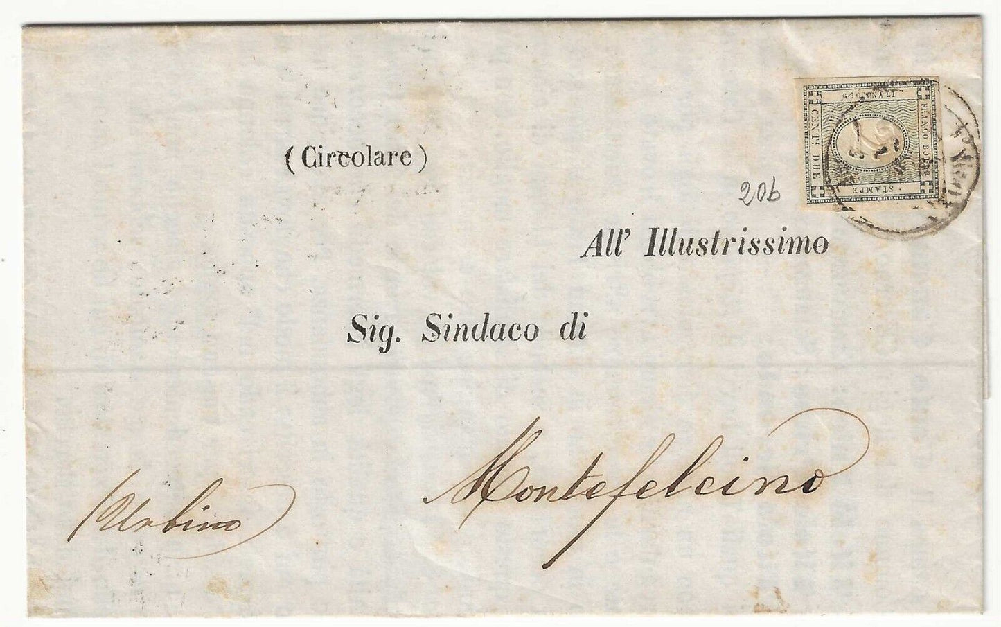 Antichi Stati Sardegna 2 c. grigio per stampati 1861 su lettera per Montefelcino