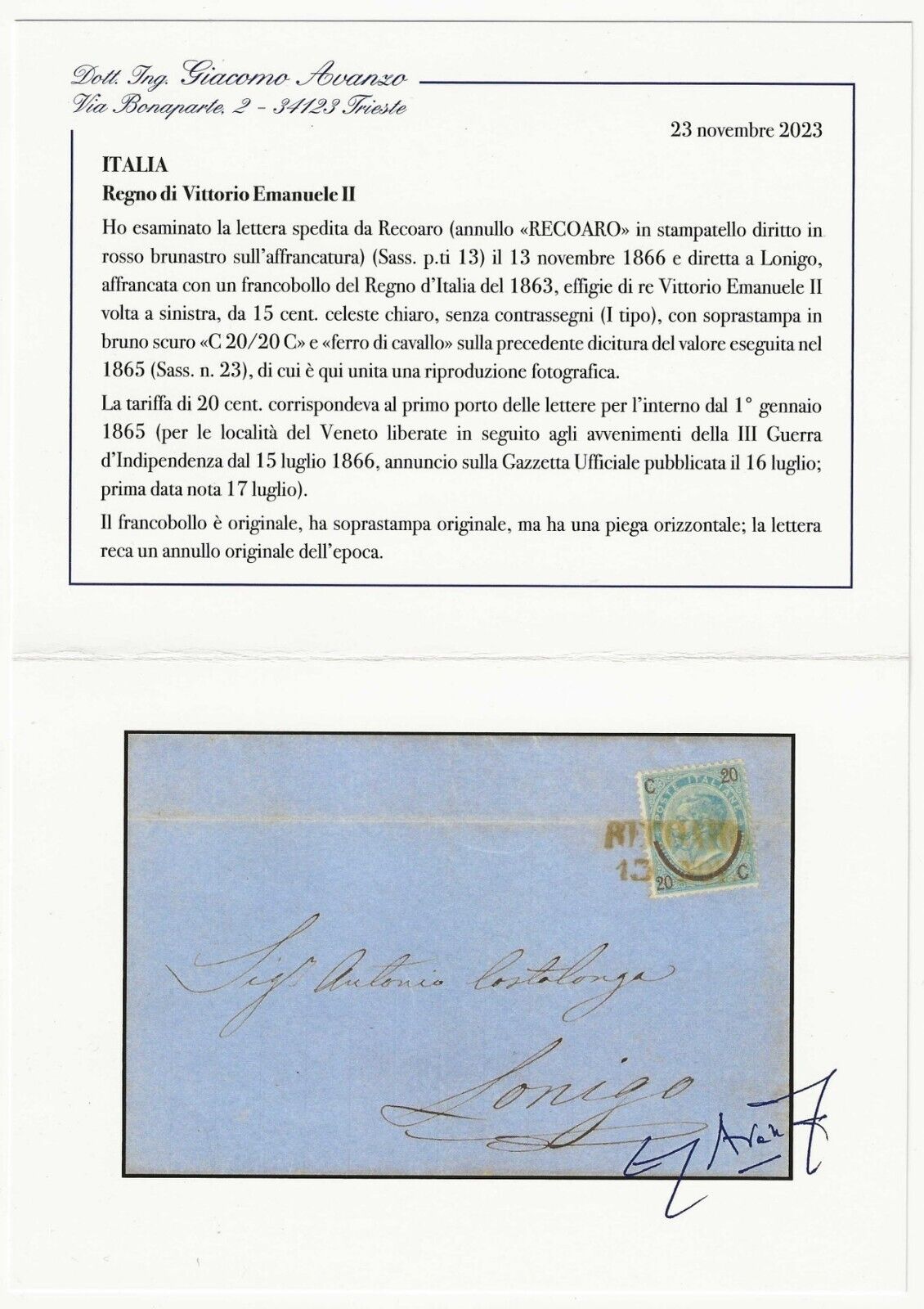 1863 Regno - Lettera con annullo Recoaro stampatello dritto in rosso G. Avanzo