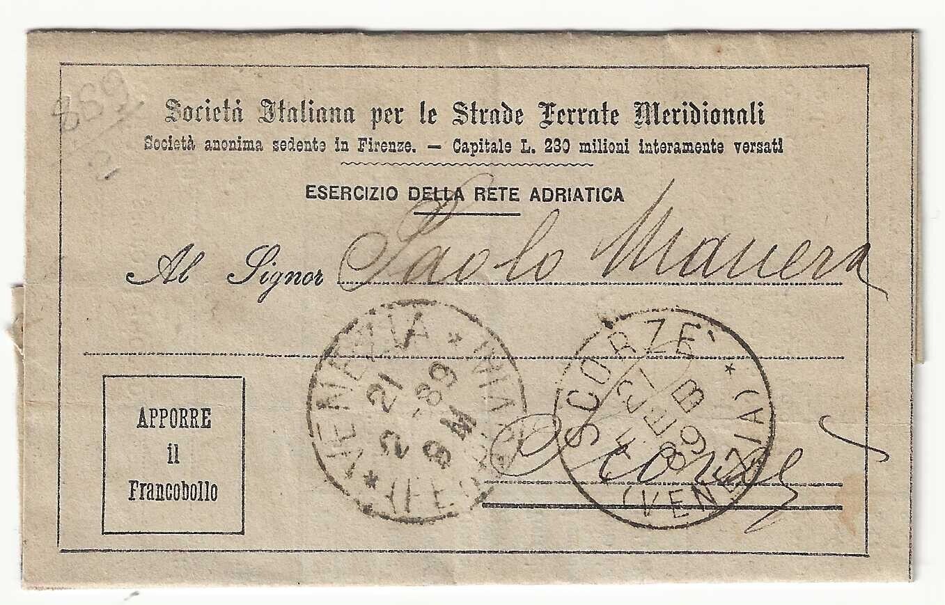 Regno d'Italia - Serie 2 c. De La Rue 1863 su documento Strade Ferrate