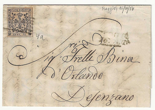 1852 Antichi Stati (Modena) Lettera per Desenzano con 25 c. camoscio (Sass. 4a)