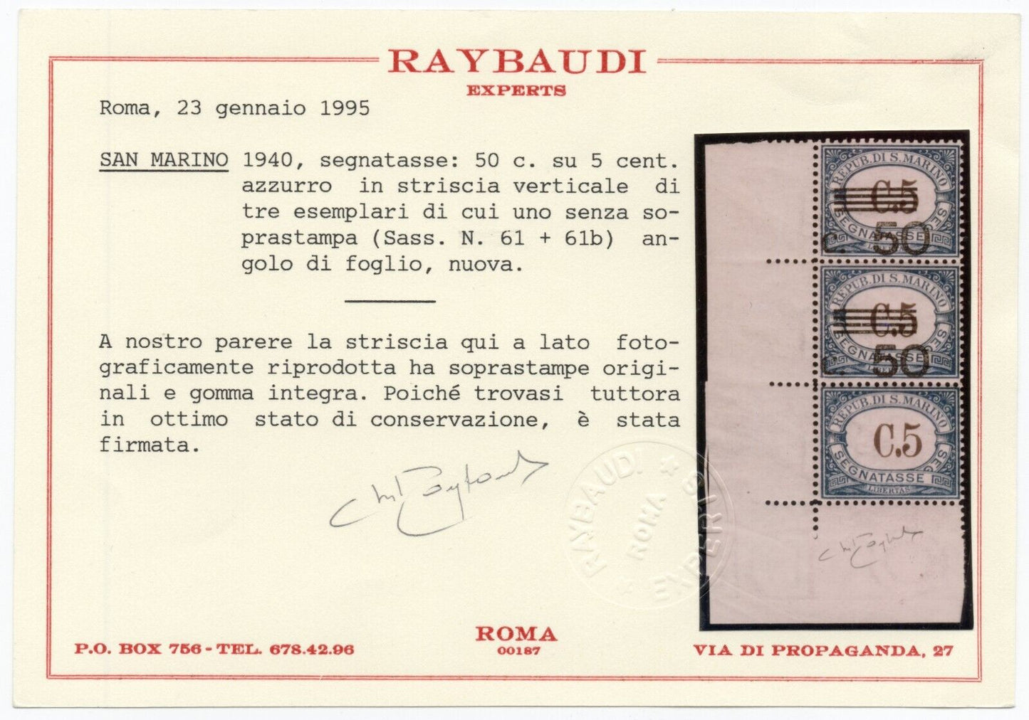 1940 Saint-Marin - 50 cent. le 5 ch. Variété sur coin de feuille avec certificat Raybaudi