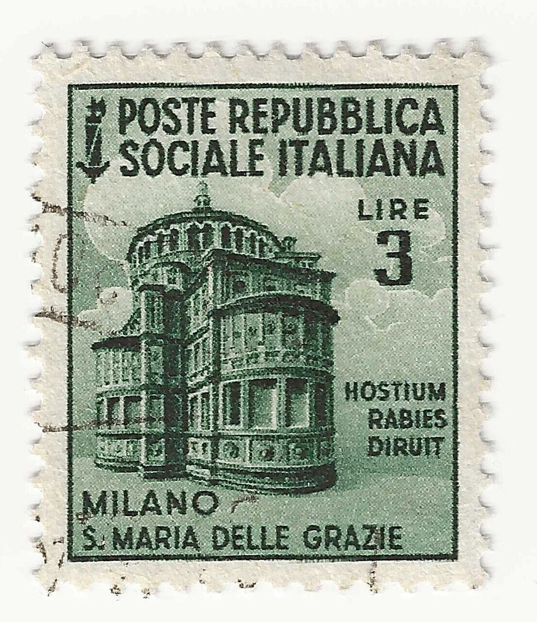 1944-45 Repubblica Sociale (RSI) - 3 L. verde mirto usato serie Monumenti distrutti