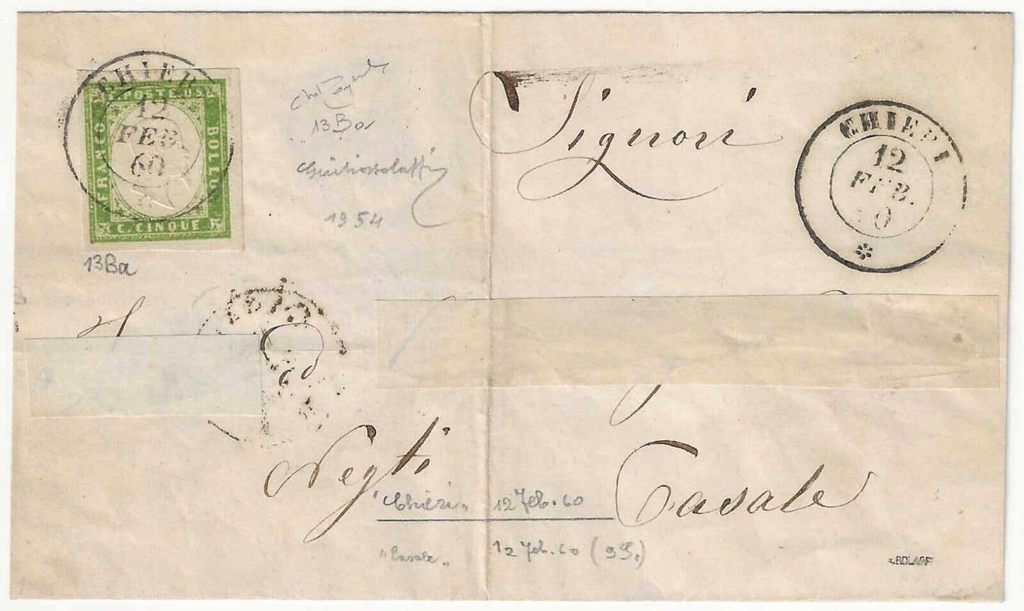 1859 Antichi Stati (Sardegna) - 5 c. IV em. su lettera firme Raybaudi e Bolaffi