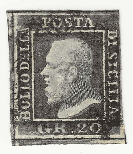 1859 Antichi Stati (Sicilia) - 20 grana grigio ardesia usato firmato A. Diena