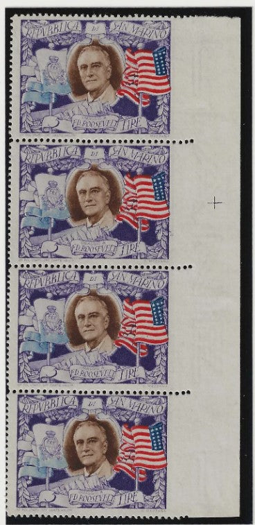 1947 San Marino - Striscia 5 L. Roosevelt non dentellata a destra MNH**