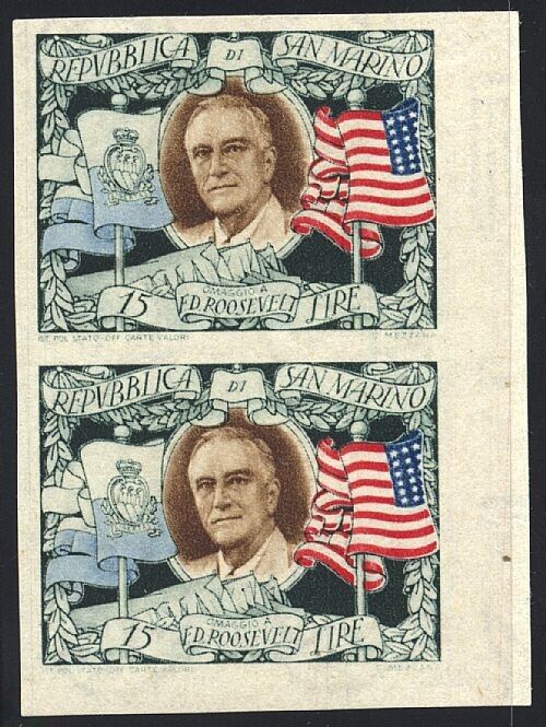 1947 San Marino - 15 cent. Roosevelet non dentellato in coppia MNH**