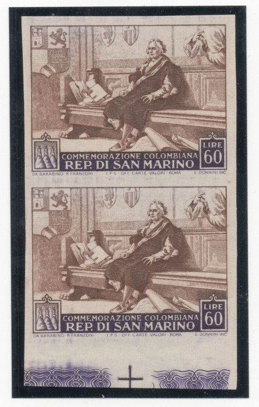 1952 - San Marino - 500° nascita Colombo, 60 L. coppia non dentellata MNH**