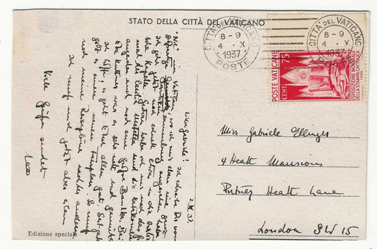 1936 Vaticano - 75 c. carminio Esposizione Stampa Cattolica isolato su cartolina