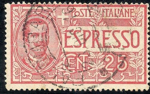 1903 Regno d'Italia - 25 cent. Espresso rosso con filigrana capovolta usato