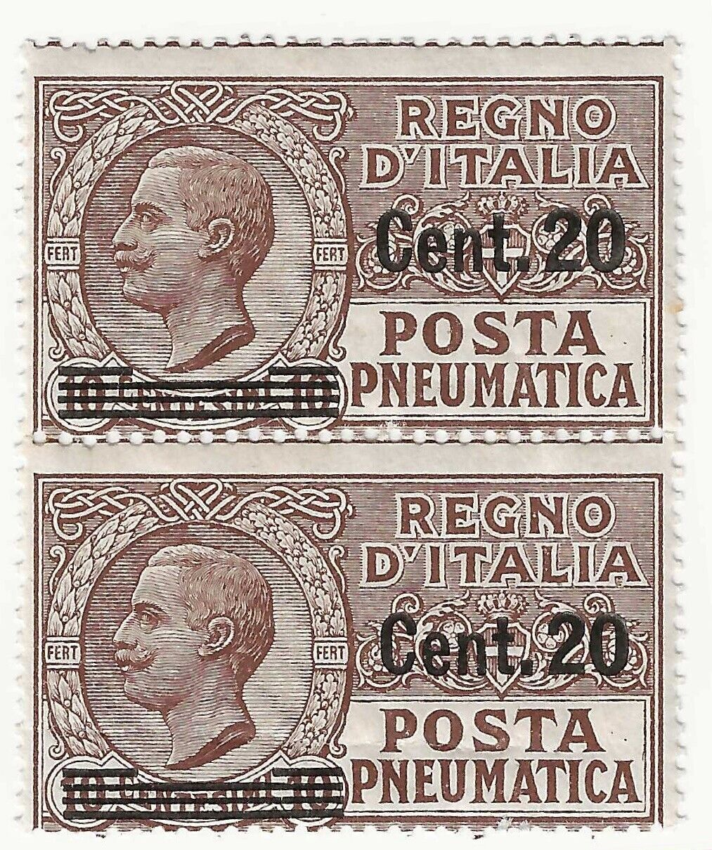 1924 Regno d'Italia - Posta Pneumatica coppia 20 c. su 10 cent. bruno MNH**