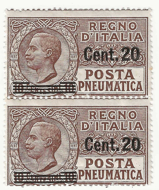 1924 Regno d'Italia - Posta Pneumatica coppia 20 c. su 10 cent. bruno MNH**