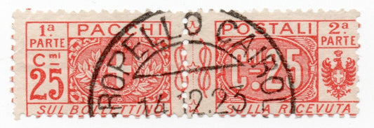 1914 - Regno d'Italia - Pacchi Postali Lire 25 c. rosso usato