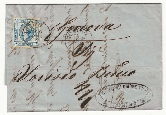 Regno - 15 cent. 1863 (I tipo) su piego per Genova con annullo Torino 2 MAGG 63