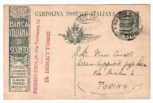 Regno d'Italia - Cartolina Pubblicitaria 15 c. Banca italiana di Sconto 1919