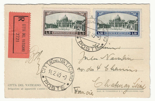 Vaticano - 5 L. e 10 L. serie "Giardini" 1933 su cartolina per la Francia