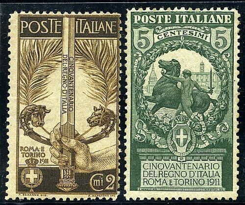 1911 Regno d'Italia - Cinquantesimo Unità 2 e 5 cent. dentellatura 13 1/2 MH*