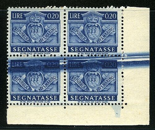 1945 San Marino - 20 c. Segnatasse in quartina angolo di foglio riga colore MNH