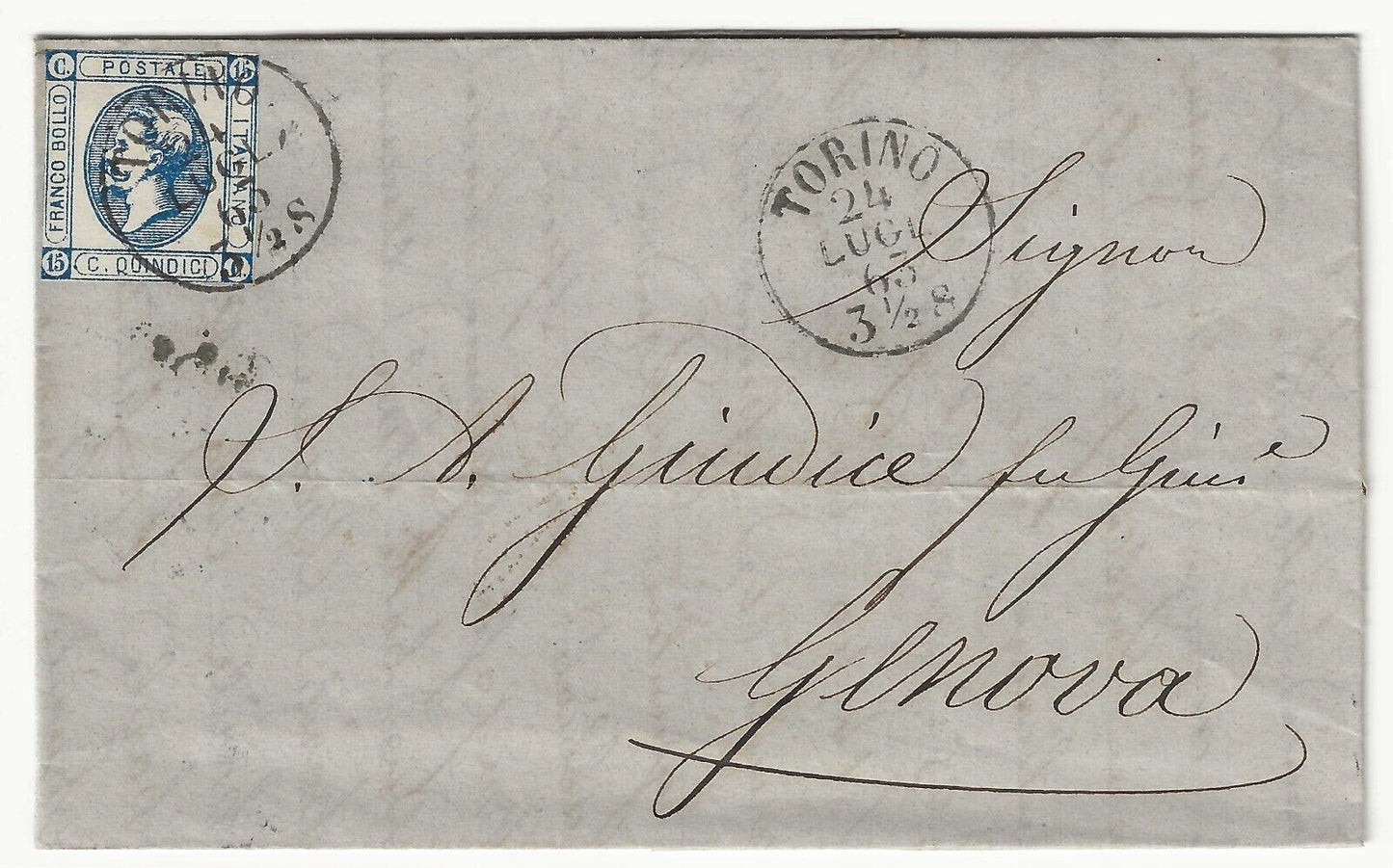 Regno - 15 cent. 1863 azzurro (II tipo) su piego per Genova con annullo Torino