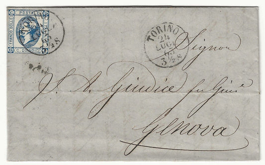 Regno - 15 cent. 1863 azzurro (II tipo) su piego per Genova con annullo Torino