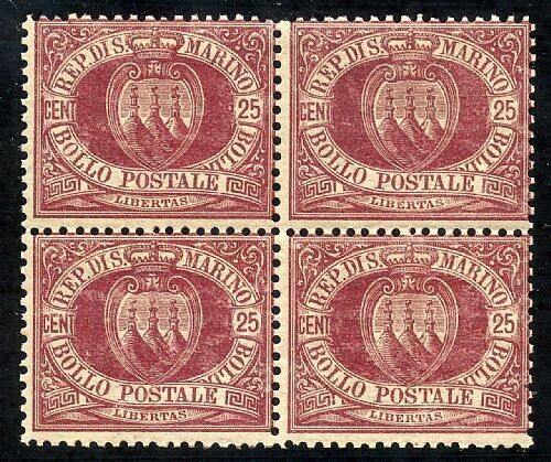 1877 San Marino - Stemma 25 cent. lacca quartina aderenze di colore A. Diena MH*