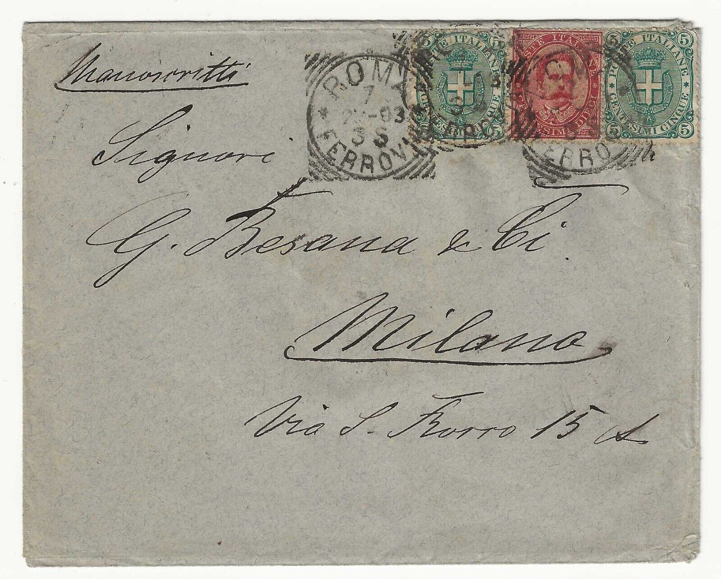 Regno d'Italia - Busta affrancatura bicolore 10 c. Umberto 1879 e 5 c. 1891